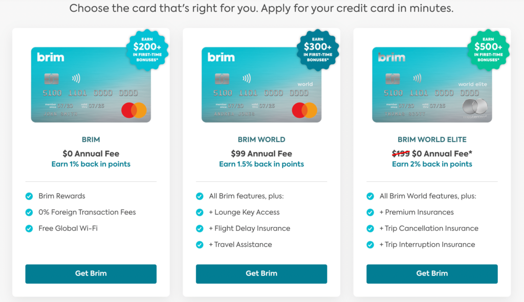 Brim Financial's 3 Mastercards. All of them can be acquired with a Brim Referral Code!